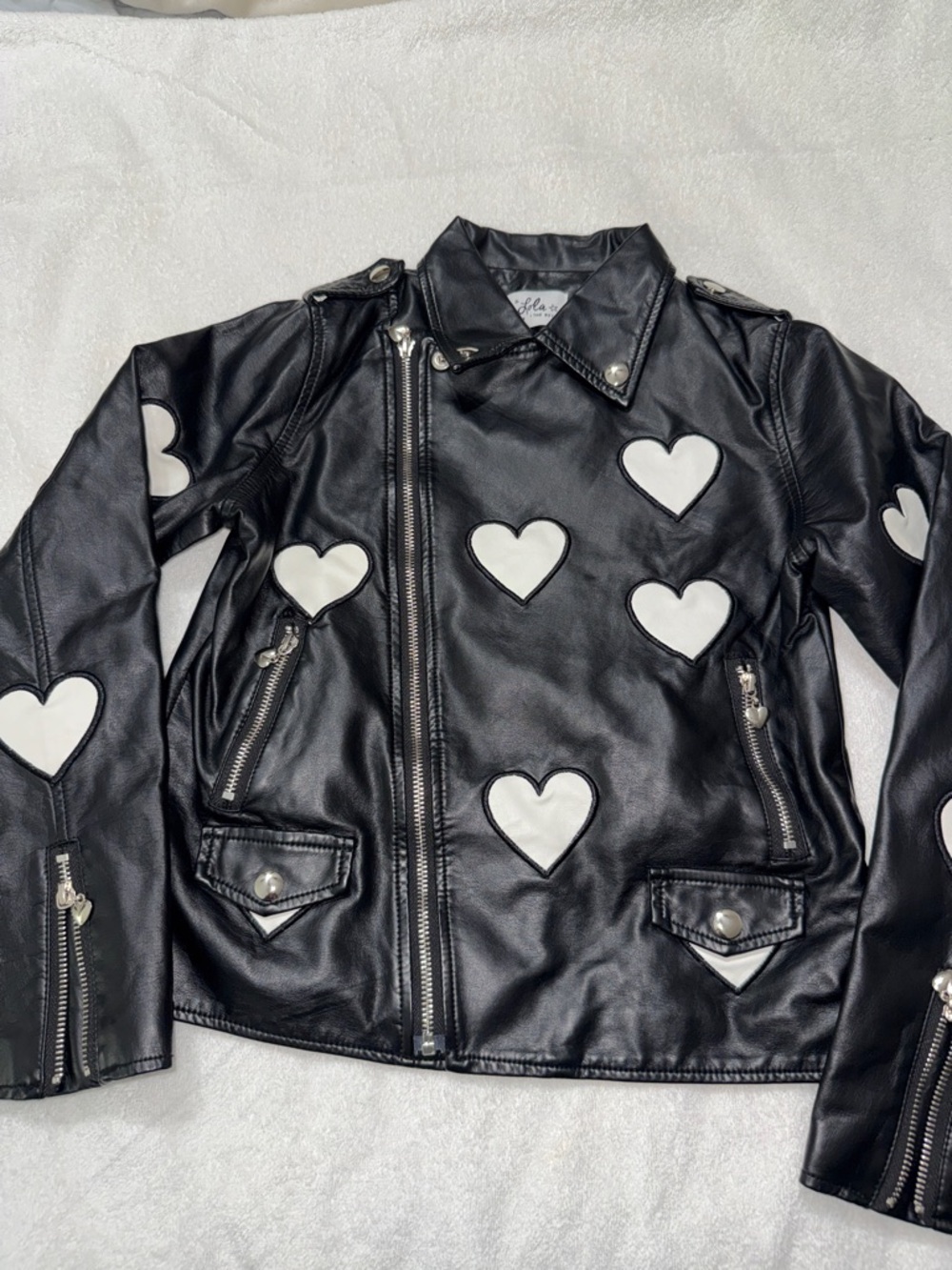 Lola + The Boys Black Faux Leather Heart Patch Moto Jacket with White Hearts